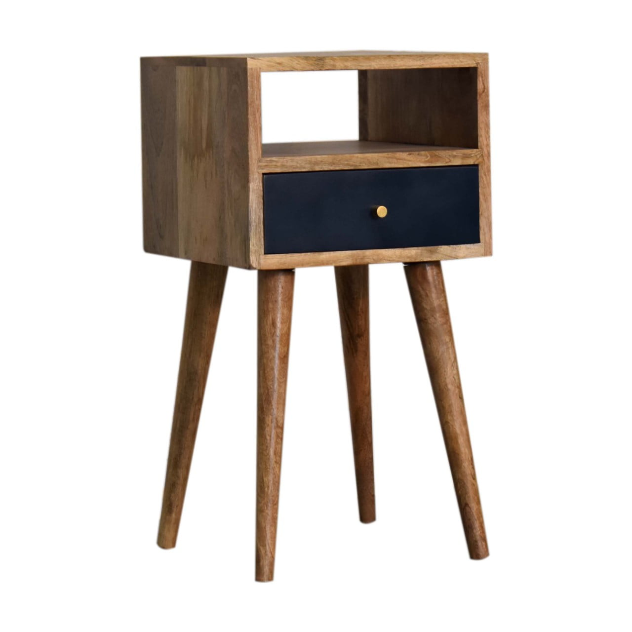 Artisan Furniture Solid Wood Mini Navy Blue Hand Painted Bedside, Brown, 1 Drawer, 1 Open Slot