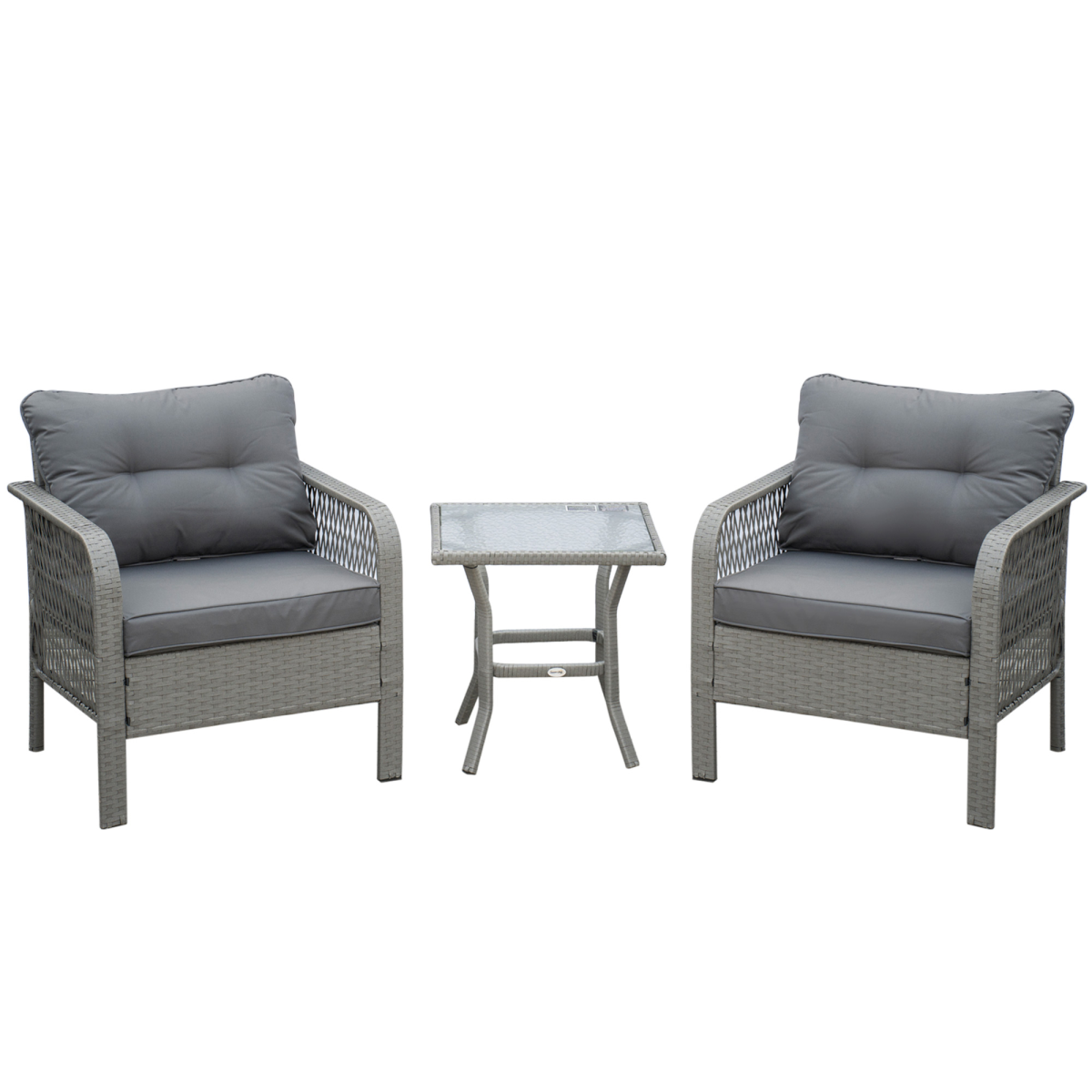 3 Piece Patio PE Rattan Bistro Set with Armchairs and Tempered Glass Table