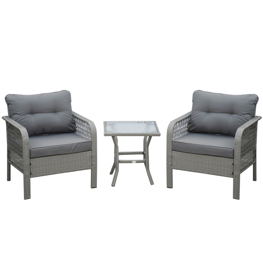3 Piece Patio PE Rattan Bistro Set with Armchairs and Tempered Glass Table