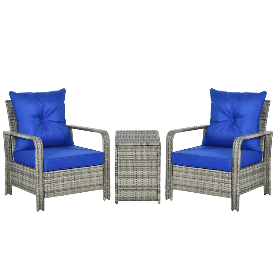 3 PCs PE Rattan Garden Sofa Set w/ 2 Chairs & Storage Table Mixed Grey