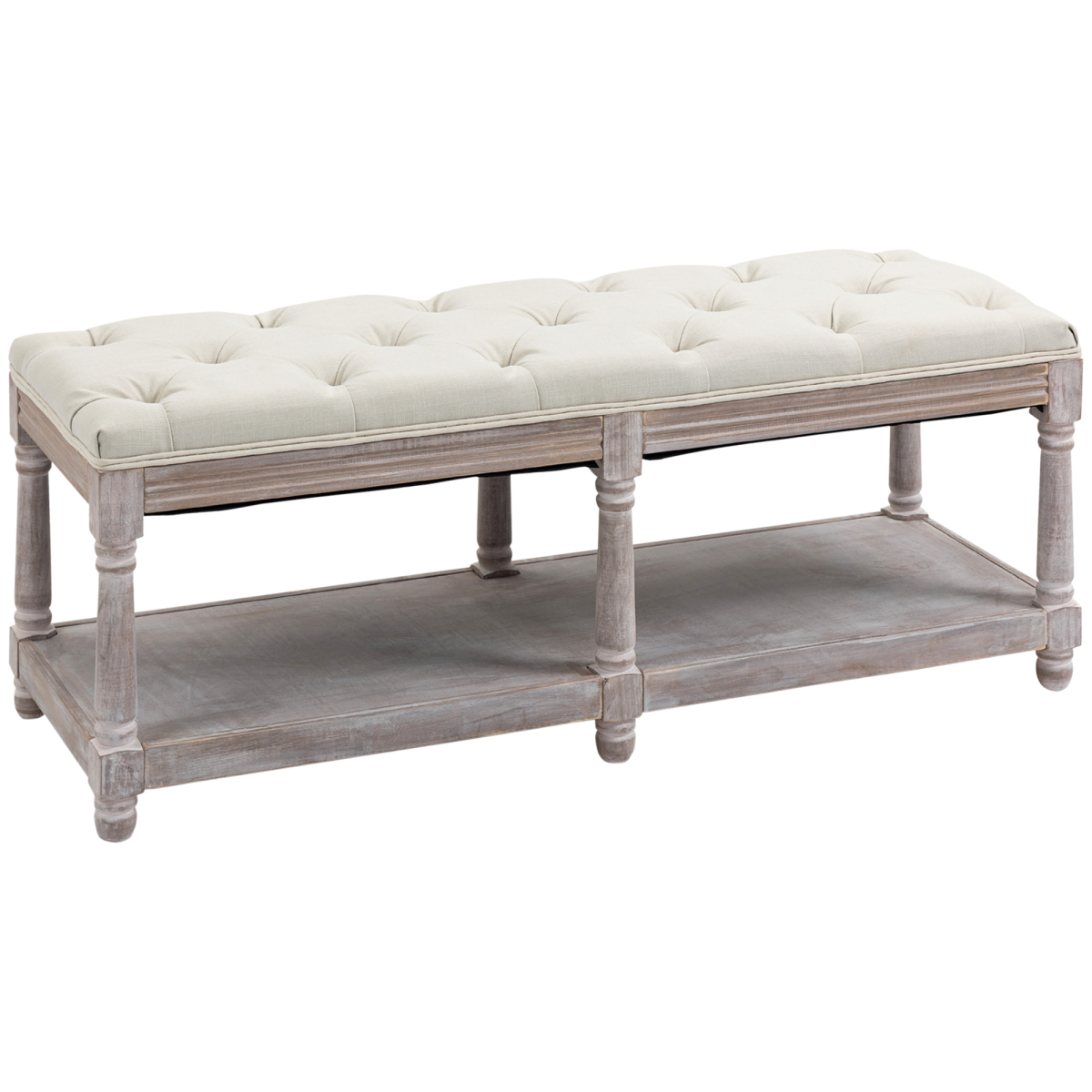 HOMCOM 2-Tier Bed End Bench, Vintage Stool, Button Tufted Seat, Cream White