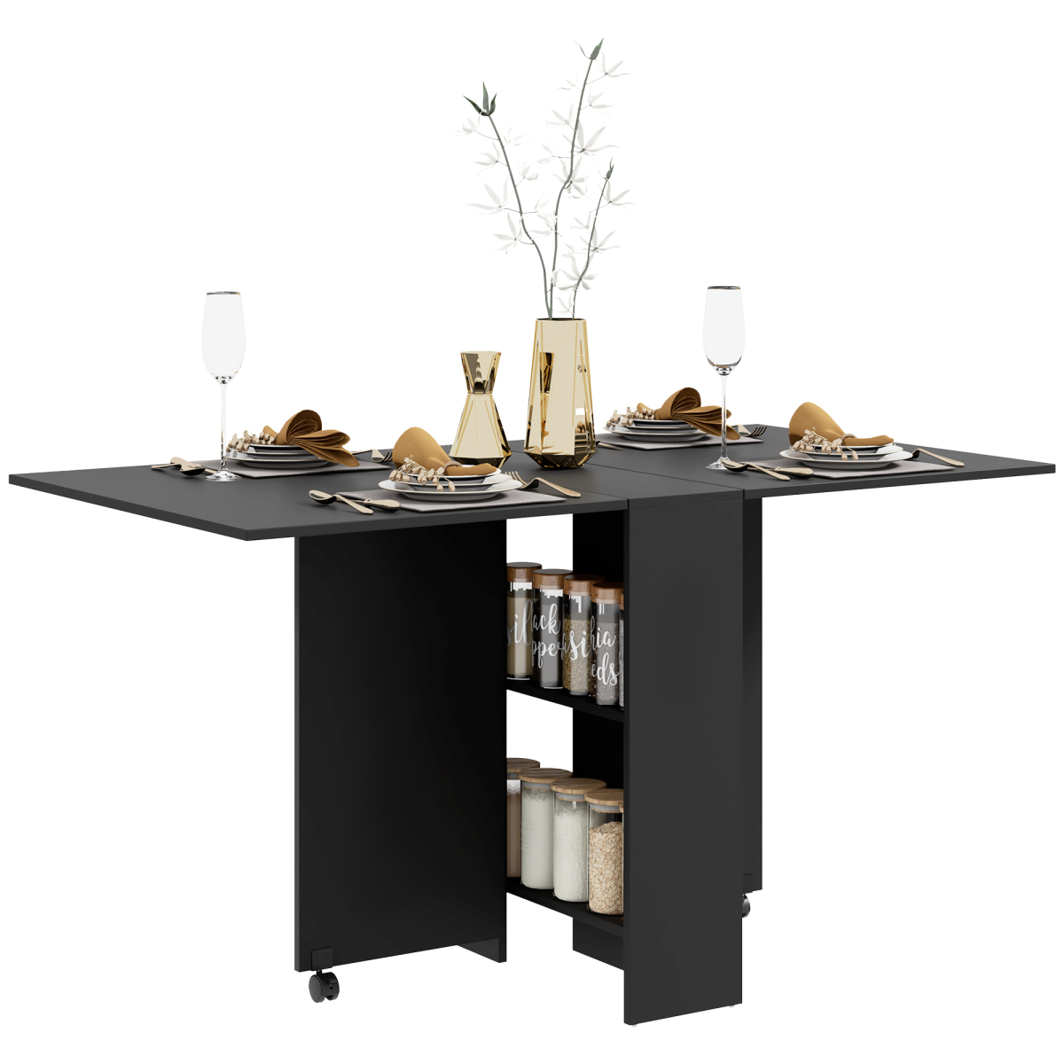 HOMCOM Rolling Drop Leaf Dining Table with Open Shelves