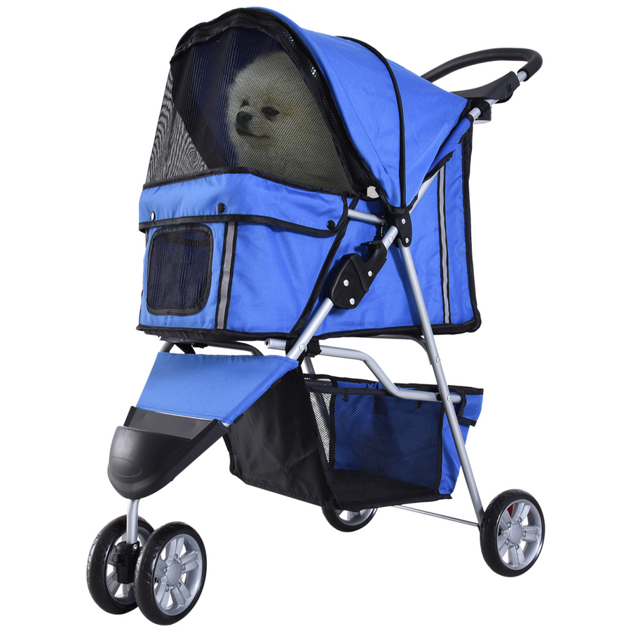 Pet Stroller Pushchair Carrier for Cat Puppy with 3 Wheels Blue Pawhut