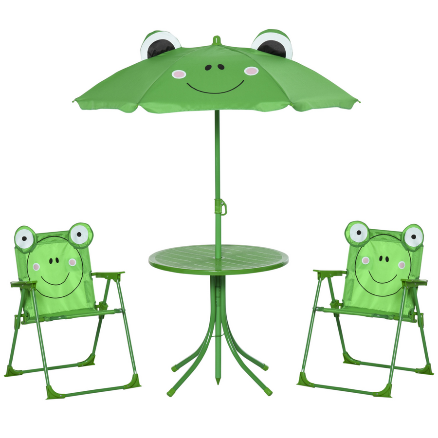 Foldable Patio Kids Metal Picnic Table with Frog Umbrella, Green, 4-Piece