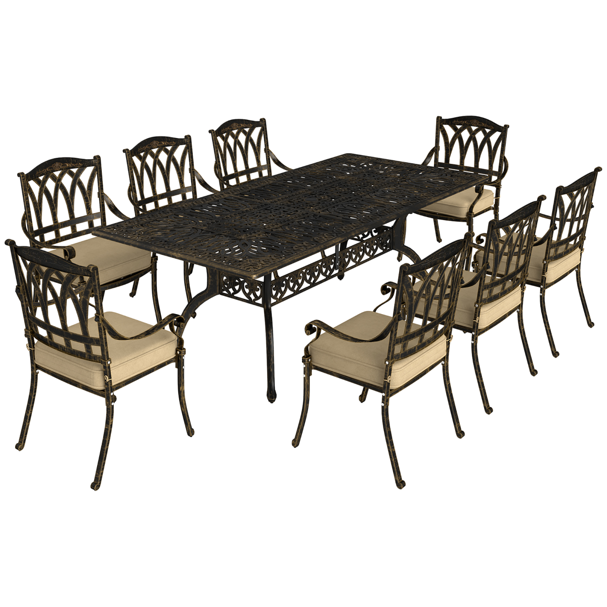 Elegant Nine-Piece Outdoor Dining Set with Cushions and Parasol Hole