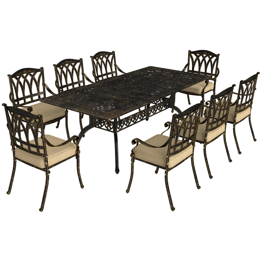 Elegant Nine-Piece Outdoor Dining Set with Cushions and Parasol Hole