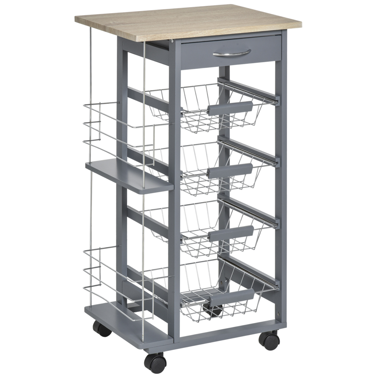 Kitchen Island Trolley with 4 Baskets, 2 Side Racks and Drawer, Dark Grey