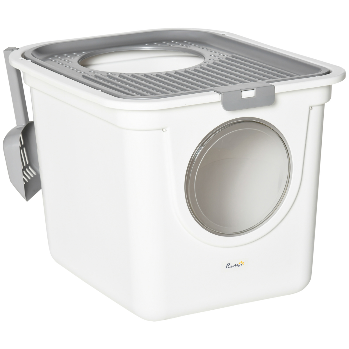 Cat Litter Tray Pet Litter Box Toilet with Front Entrance, Top Exit, Scoop - White