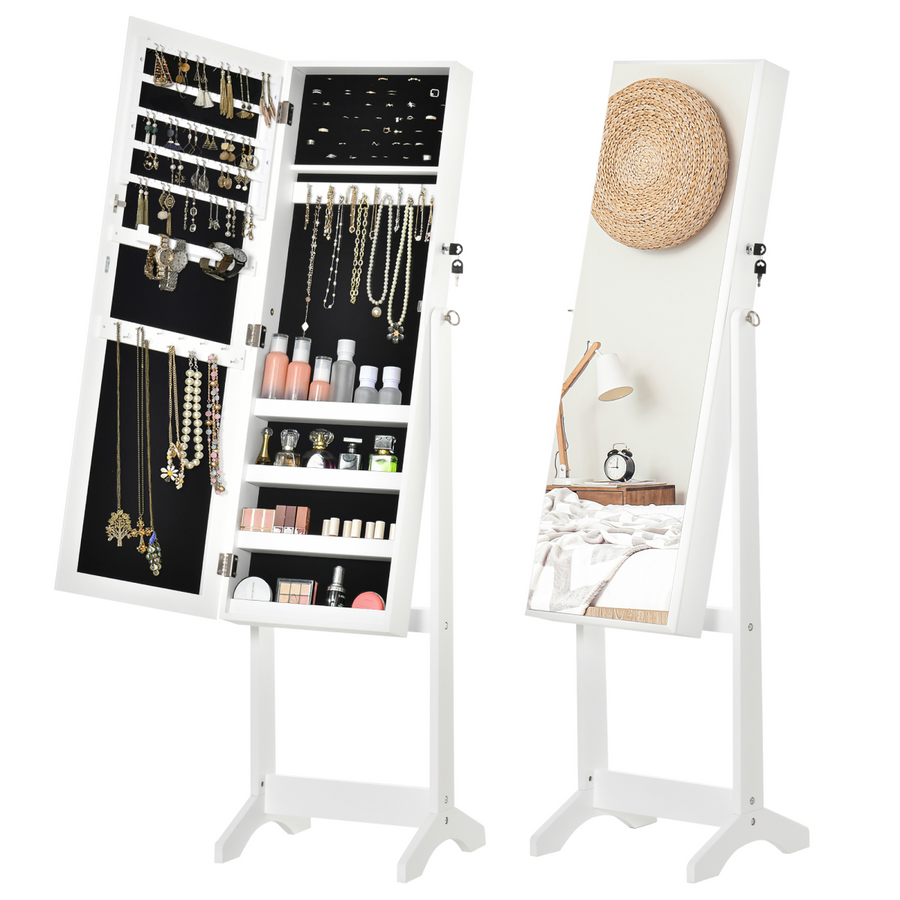 Mirrored Jewellery Cabinet Lockable Jewellery Organiser White