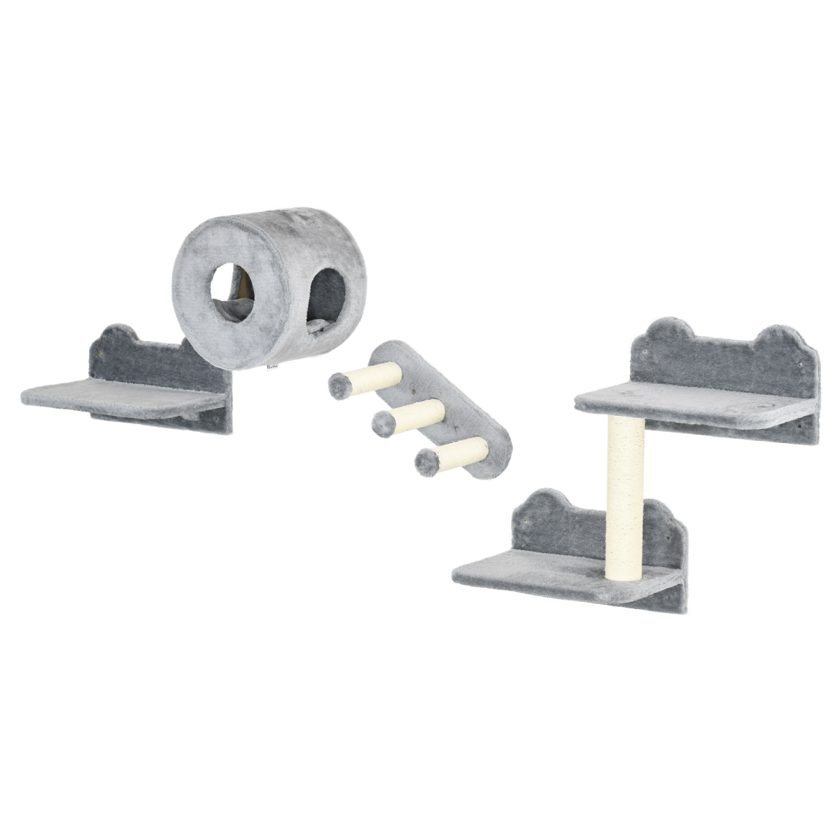 Four-Piece Wall-Mounted Cat Tree with Platforms, Steps, Perch and Cat House - Grey