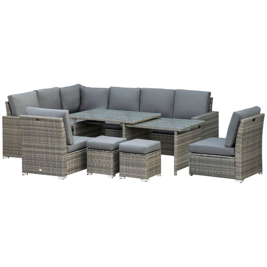 Outsunny 10-Seater Sofa Sectional with Cushioned Seats, Footstools and Glass Table