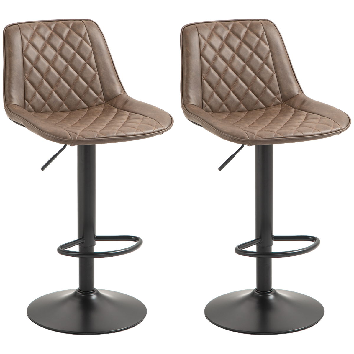 HOMCOM Set of 2 Adjustable Bar Stools, 360° Swivel, Brown