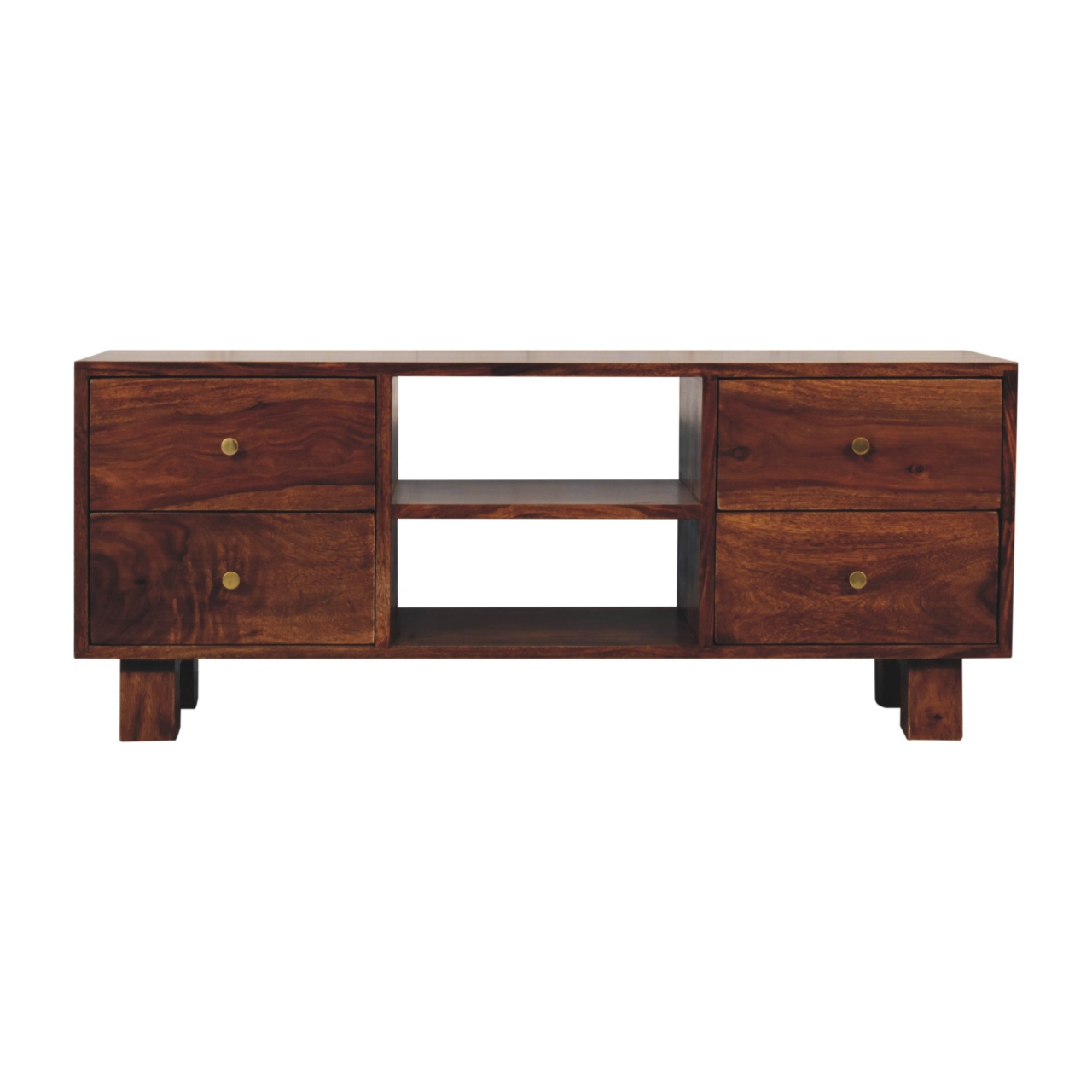 Artisan Furniture Tula Media Unit, Solid Wood, 4 Drawers, 2 Open Slots, Dark Brown