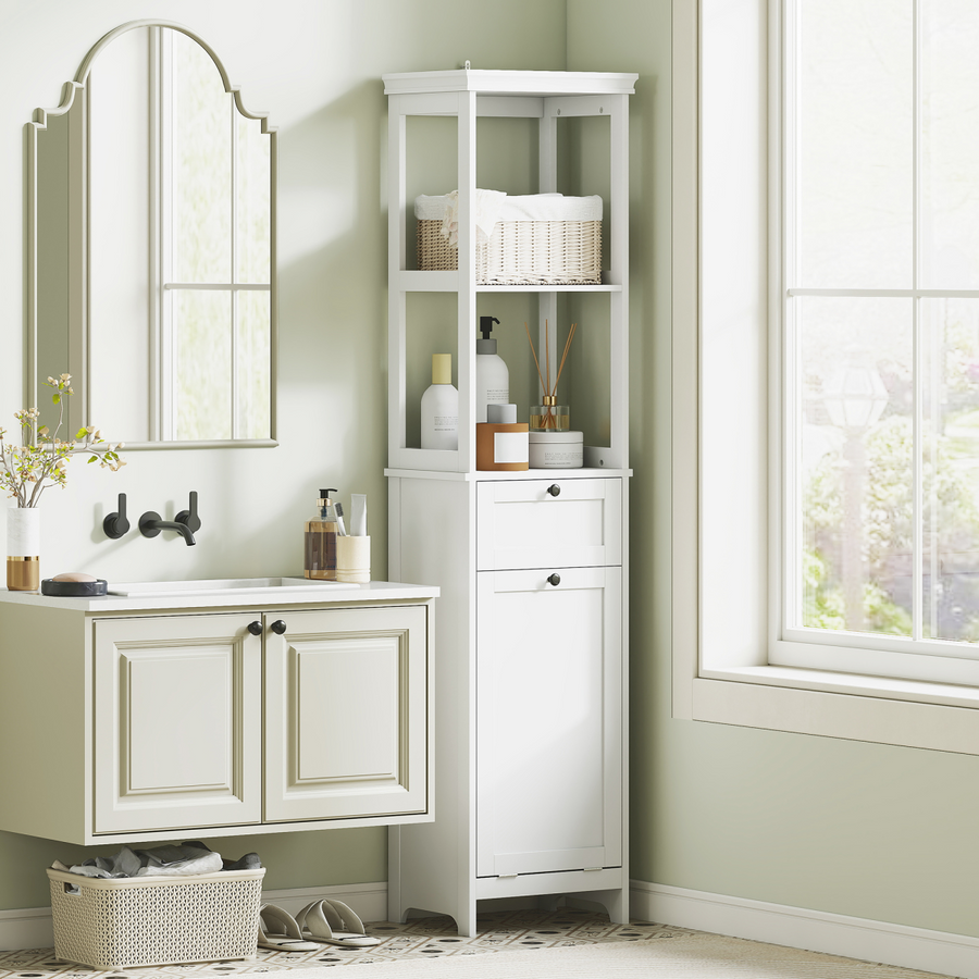 Bathroom Cabinet with 30 L Tilting Bottom Hamper, Shelves and Drawer