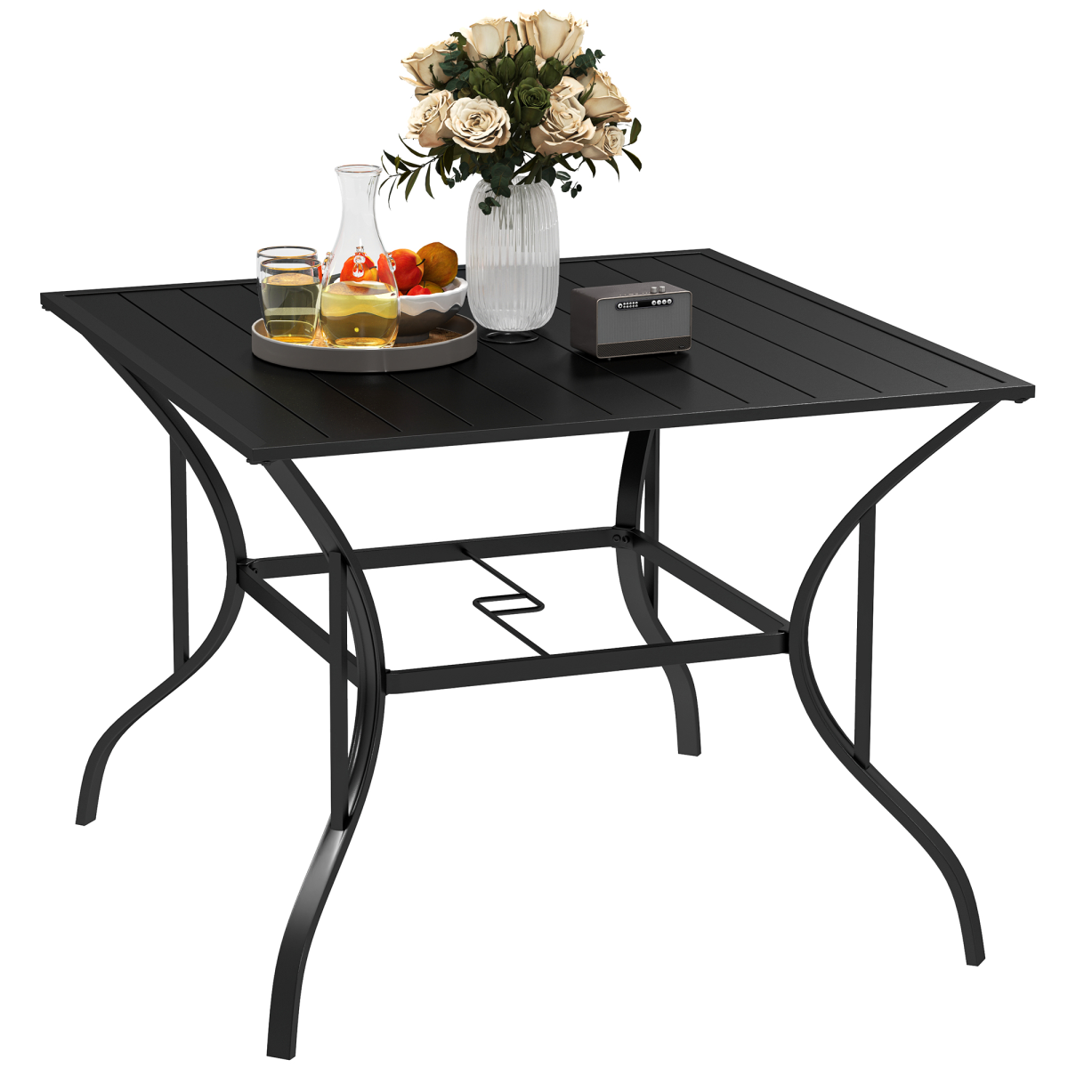 Outsunny Garden Table with Parasol Hole for Four, Slatted Metal Plate Top