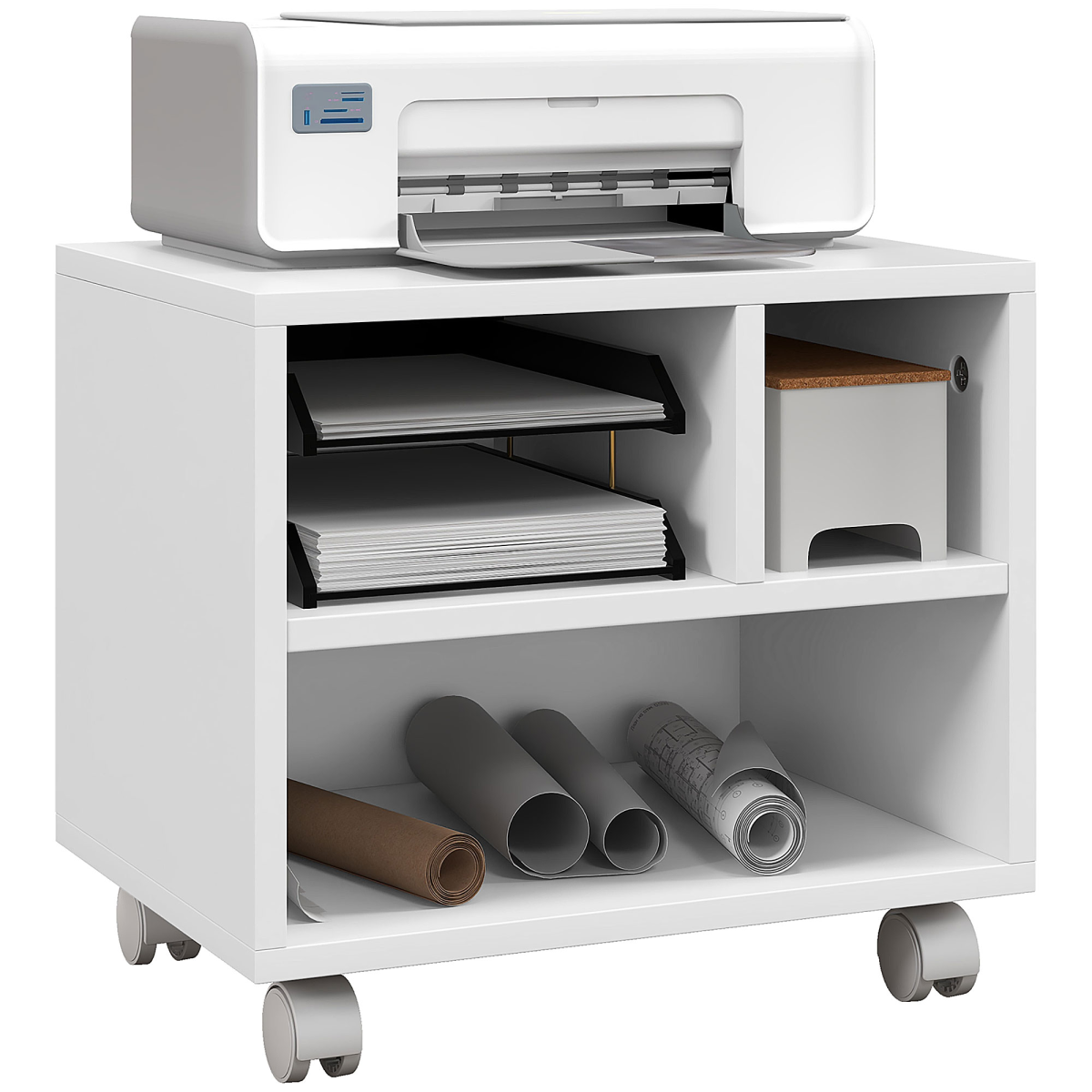 HOMCOM Printer Stand with Storage on Wheels, White