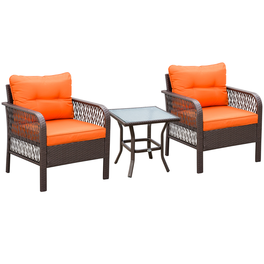 Outsunny 3 Piece Patio Rattan Bistro Set with Tempered Glass Table in Orange