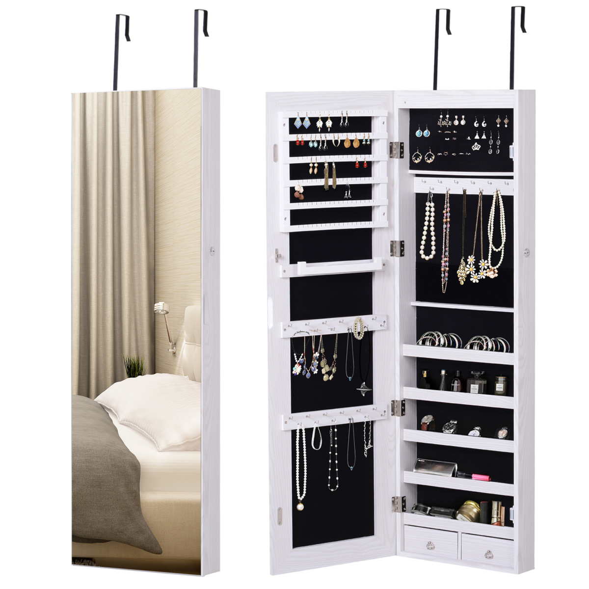 Hanging Mirrored Jewellery Storage Cabinet Organiser Lockable with 6 LED Lights, White