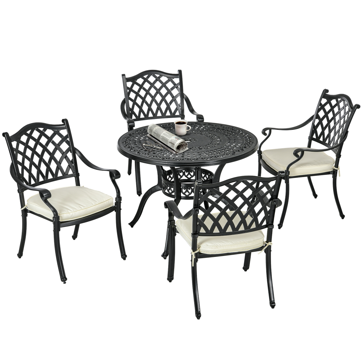 Outsunny 4 Seater Outdoor Dining Set with Cushions and Parasol Hole, Cast Aluminium