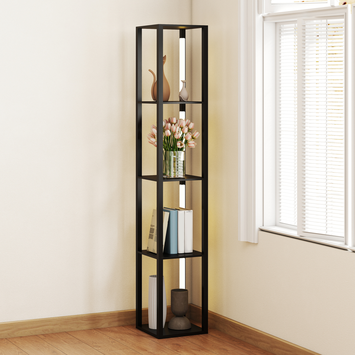 HOMCOM Floor Lamp with Four-Tier Shelf, Foot Switch, Black