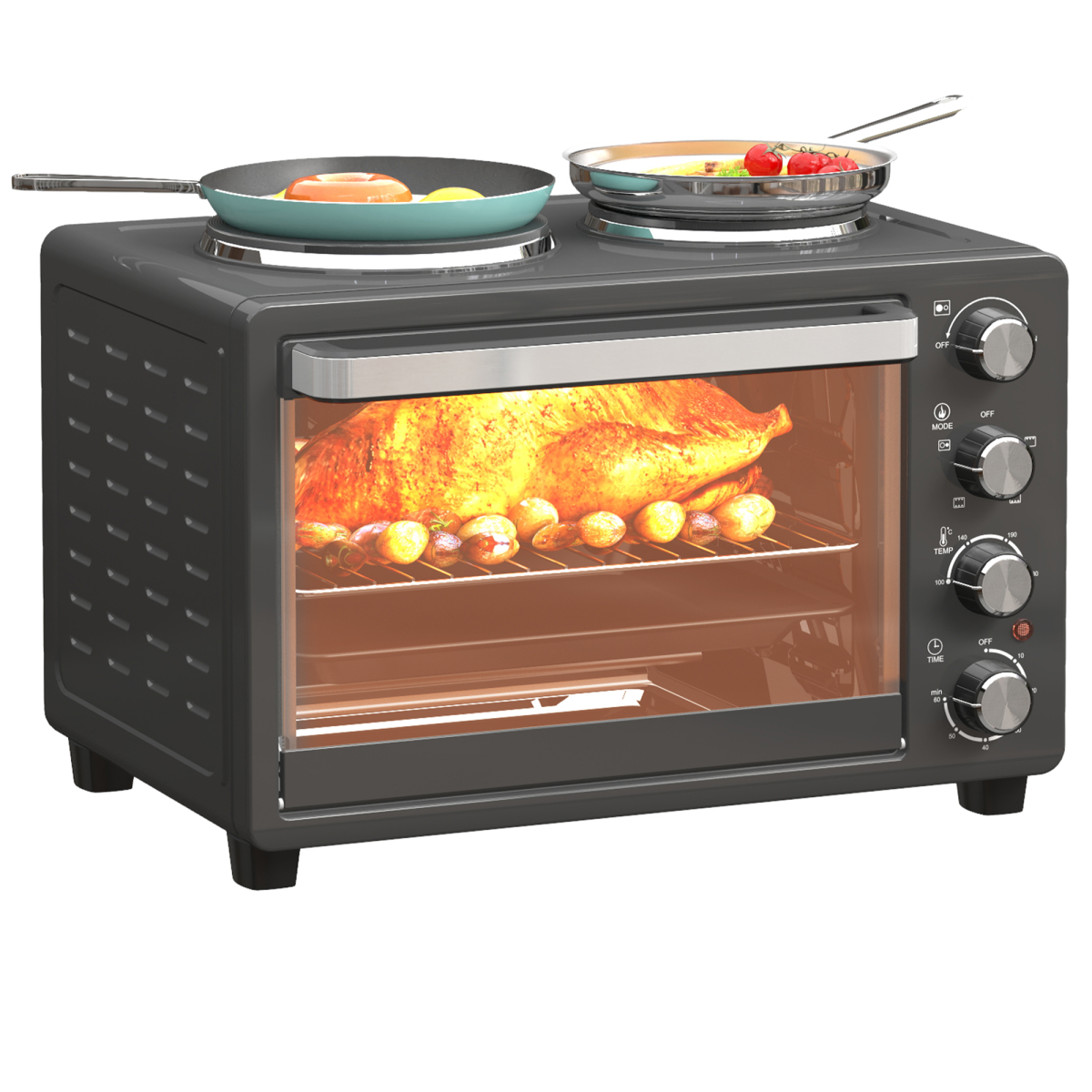 HOMCOM 28L Countertop Toaster Oven with 2 Hot Plates