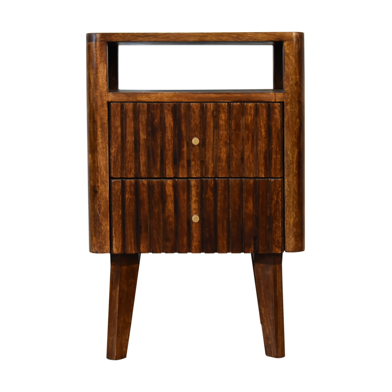 Artisan Furniture Solid Wood Reeve Bedside Table, Dark Brown, 2 Drawers, 1 Open Slot
