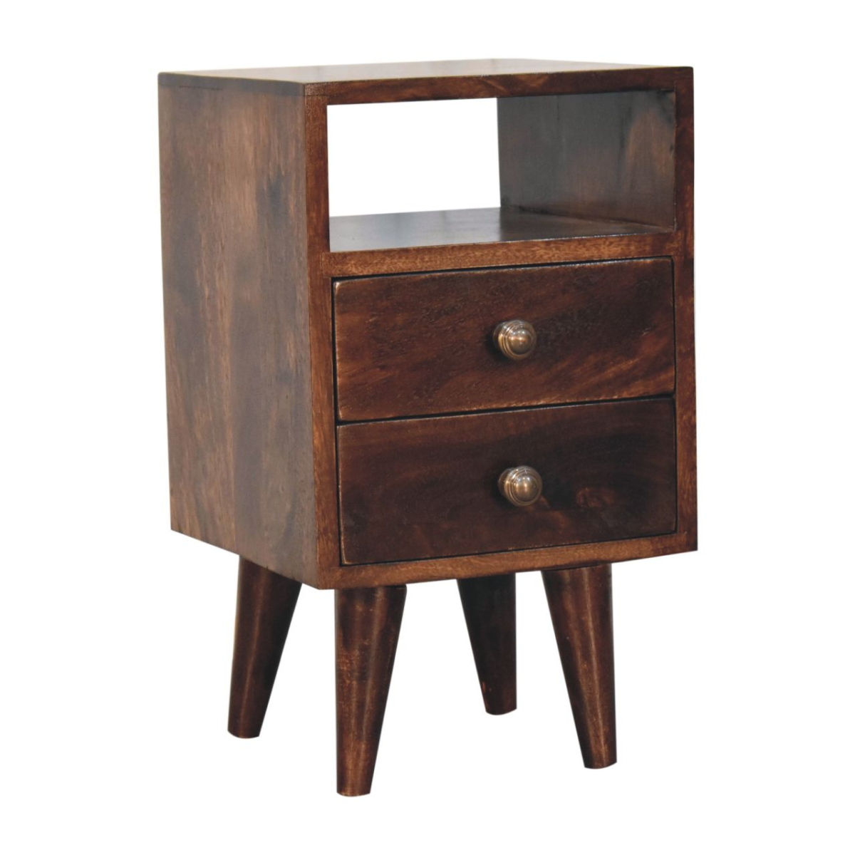 Artisan Furniture Solid Wood Mini Classic California Walnut Bedside, 2 Drawer, 1 Open Slot, Dark Brown