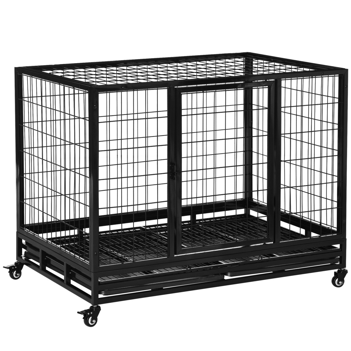 Metal Kennel Cage with Wheels and Crate Tray for Pet Dog, Large, Black