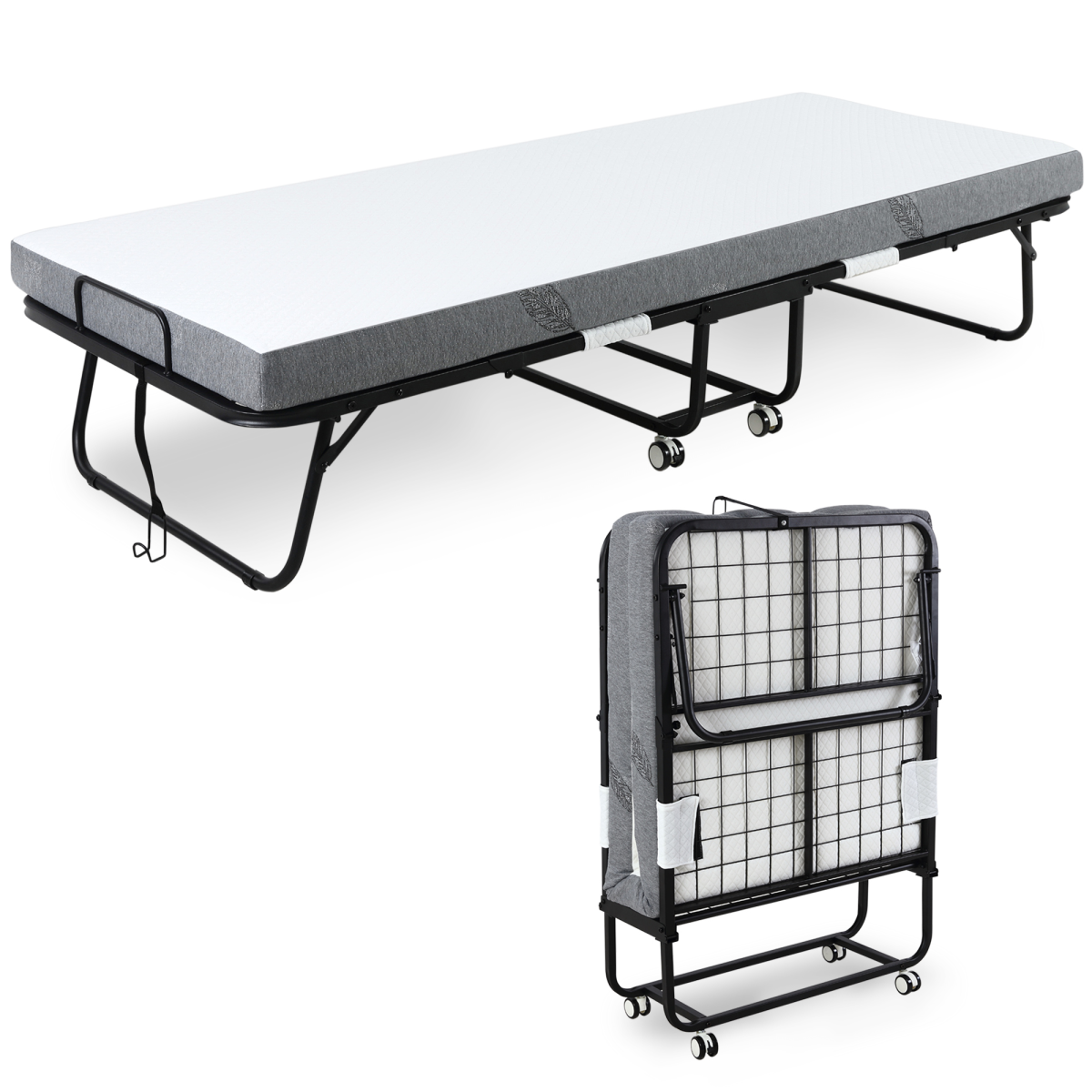Folding Bed with 10cm Mattress, Portable Foldable Guest Bed, Metal Frame