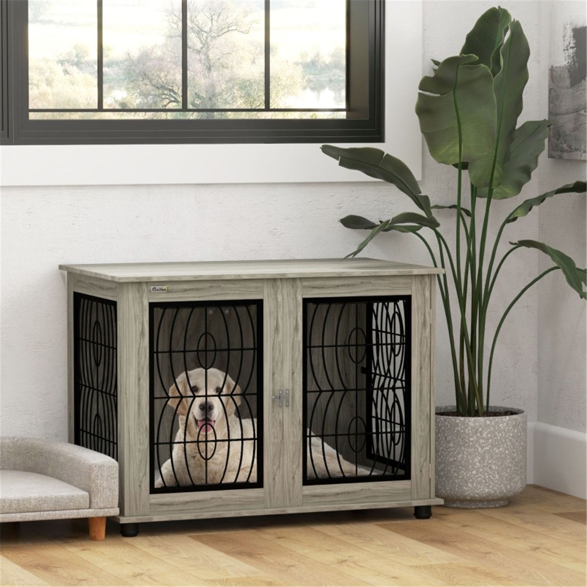 Dog Crate with Cushion, Grey Wood Effect