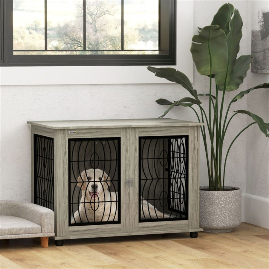 Dog Crate with Cushion, Grey Wood Effect