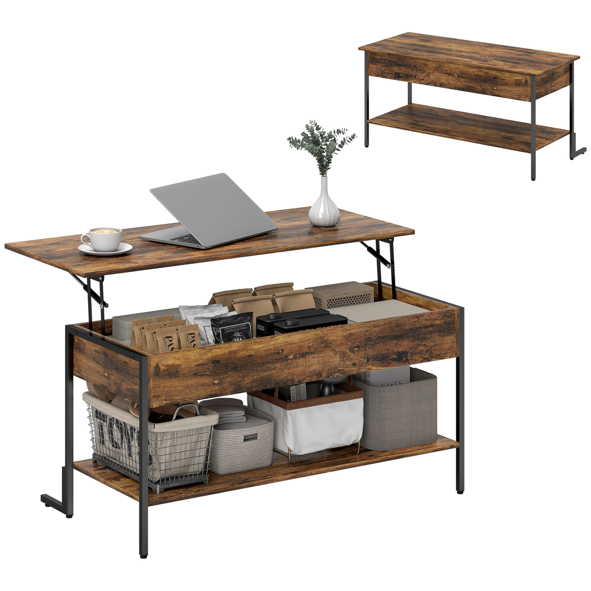 HOMCOM Industrial Lift Top Coffee Table with Storage Shelf, Rustic Brown