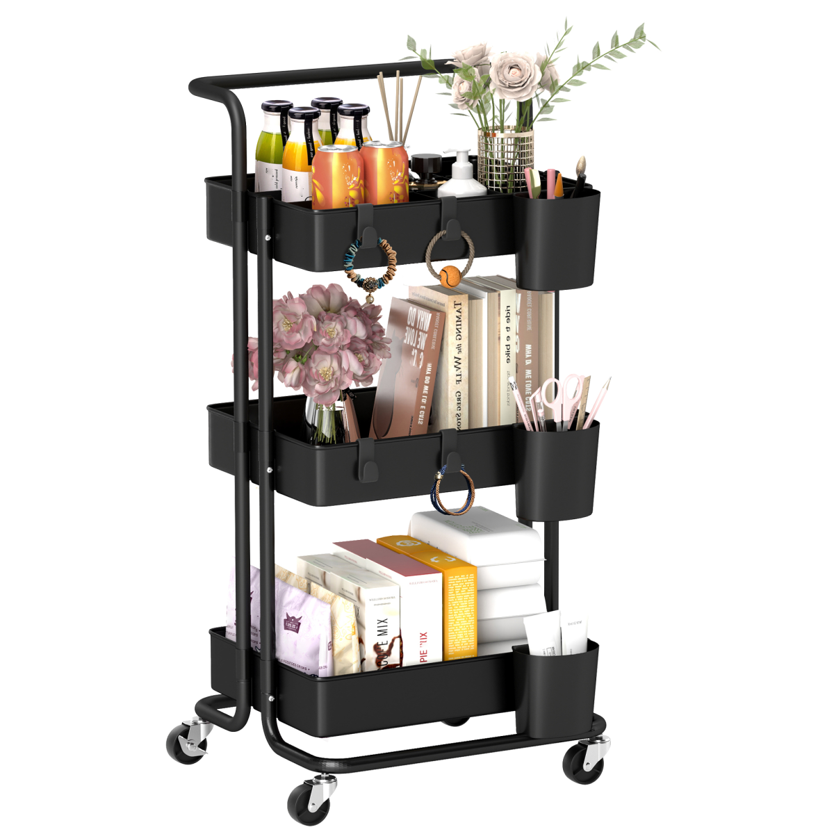 3-Tier Utility Cart with Mesh Baskets and Removable Boxes, Black