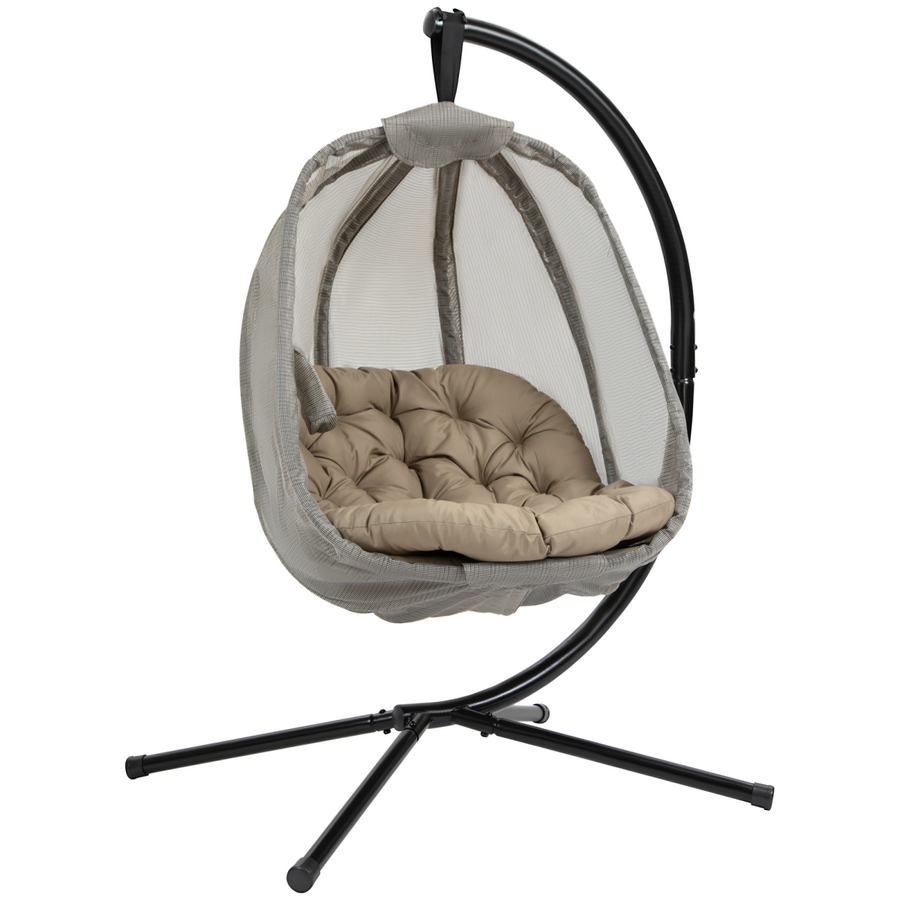 Hanging Egg Chair with Cushion, Stand and Khaki Basket