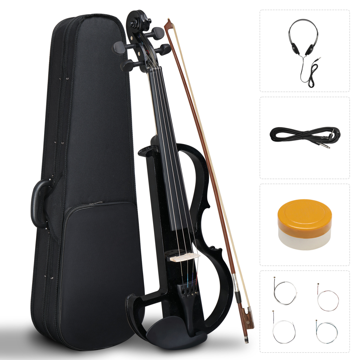 Full Size 4/4 Bunnel Edge Electric Silent Violin with Case, Bow, Rosin, Headphone, Connecting Line, Black
