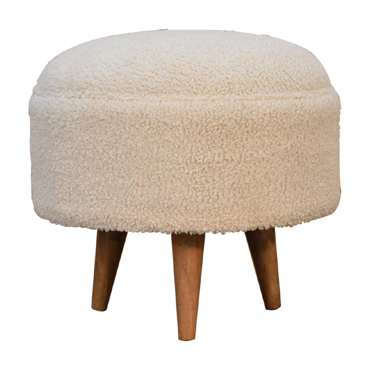 Artisan Furniture Solid Wood Cream Boucle Rounded Footstool, Upholstered, Brown & Cream
