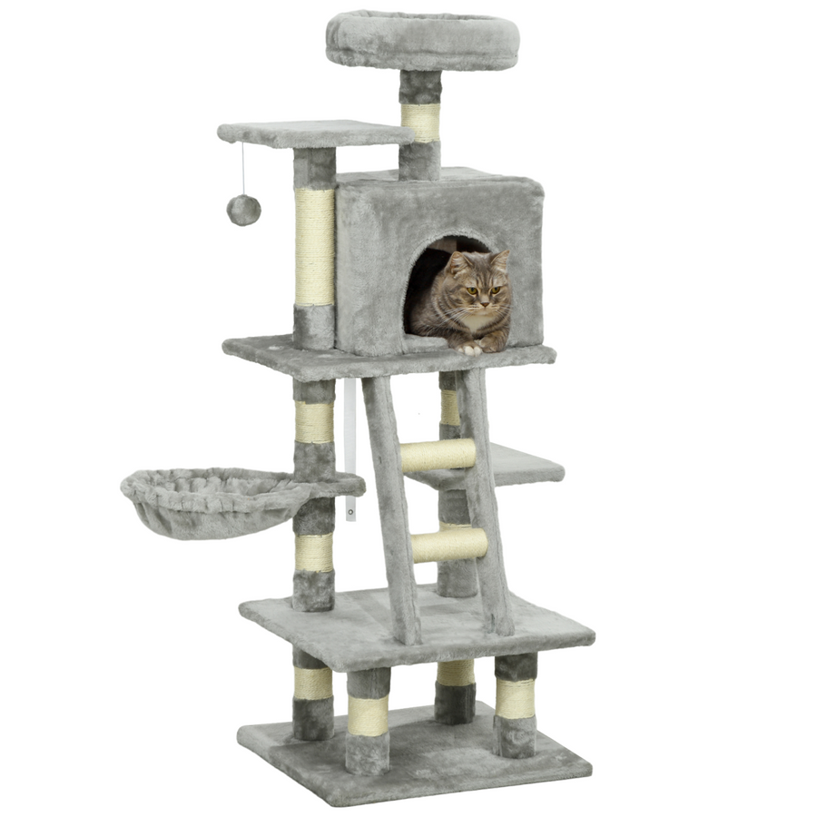 PawHut 132cm Multi-Activity Cat Tree w/ House Baskets Ladder Scratch Post Grey
