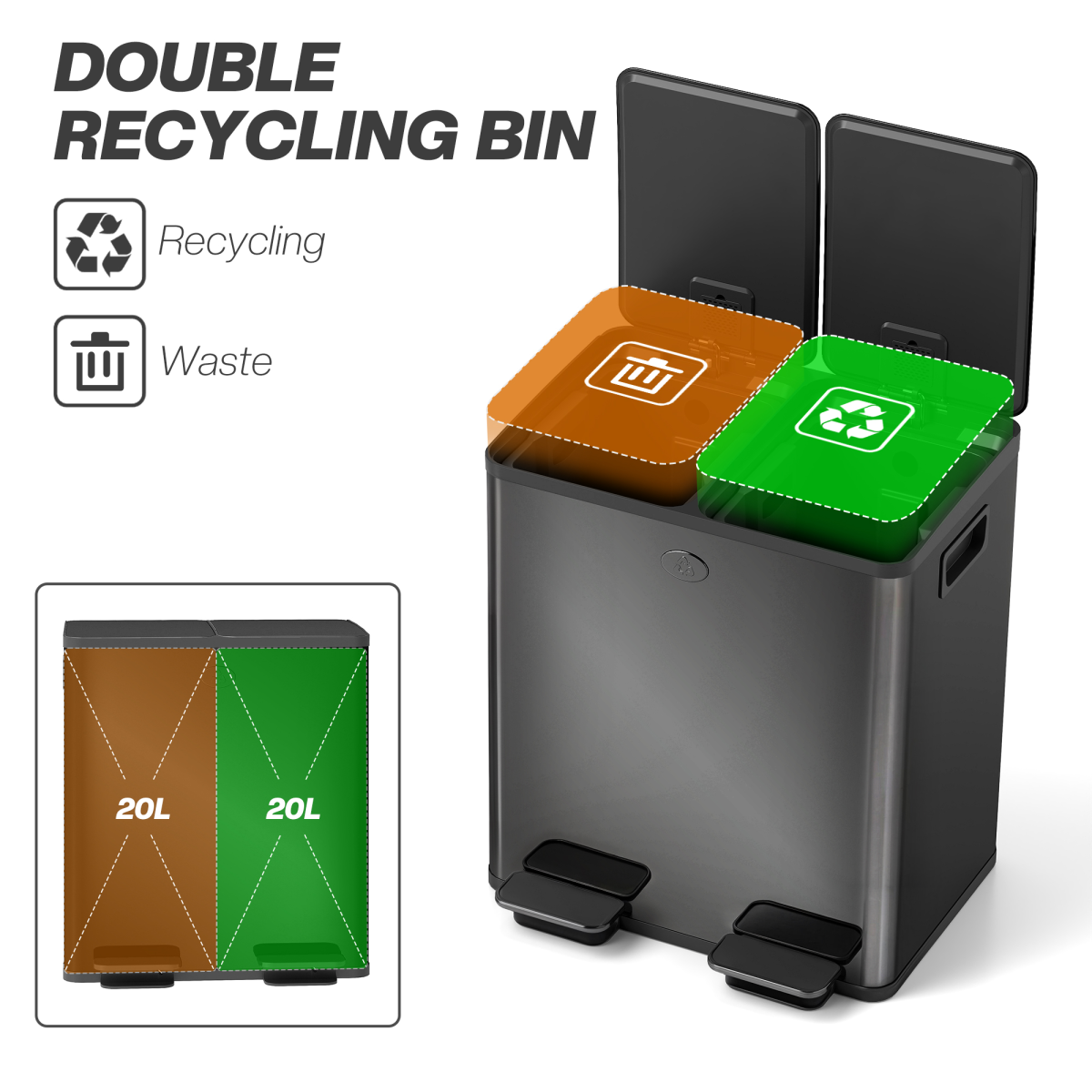 Kitchen Bin 2 x 20L Stainless Steel Pedal Bin