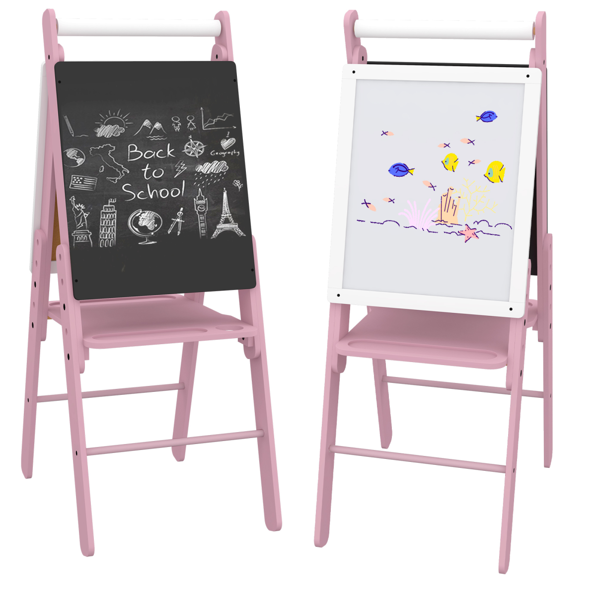 Art Easel for Kids, Double-Sided Whiteboard Chalkboard with Paper Roll, Pink