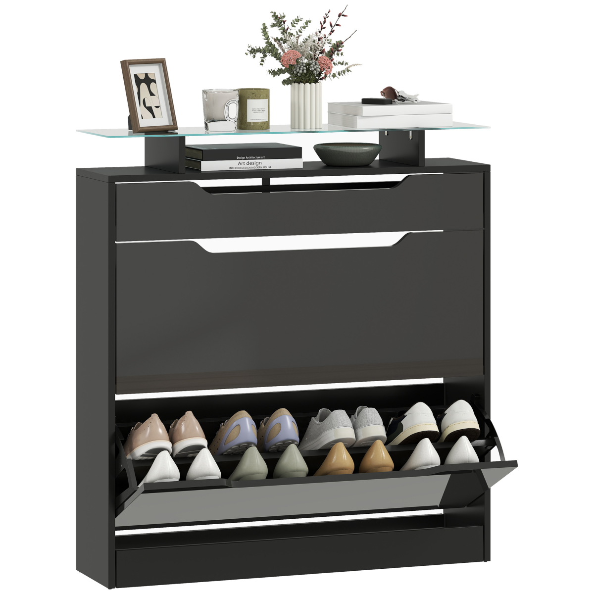 HOMCOM Shoe Cabinet with 3 Drawers, High Gloss Front Panels, Glass Top, Black
