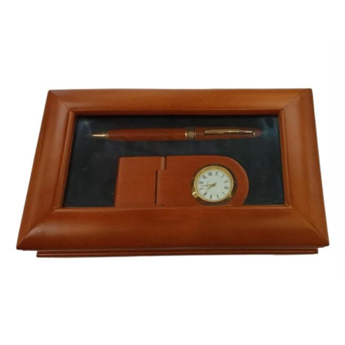 Imperial Desk Clock with Wood Matt Brown Gold Trim Ball Pen IMP69 Clock Gift Set