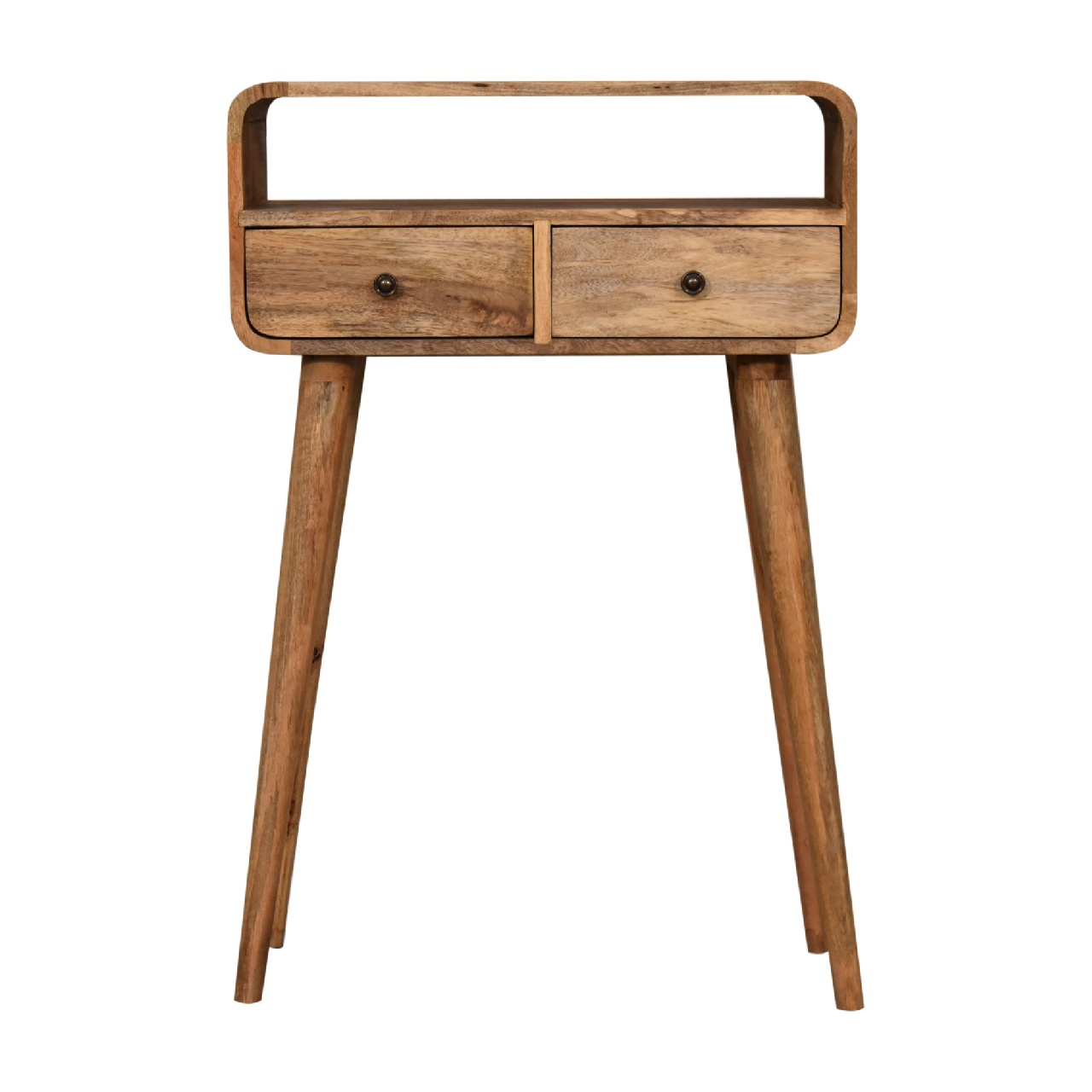 Artisan Furniture Solid Wood Mini Curved Oak-ish Console Table, 2 Drawers, 1 Open Slot, Brown