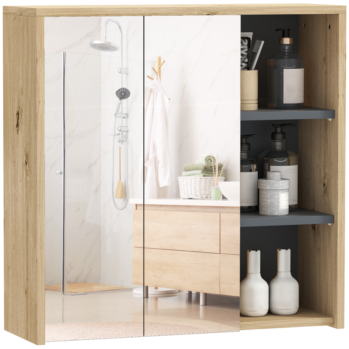 HOMCOM Bathroom Wall Mounted Mirror Cabinet with Shelves, Natural