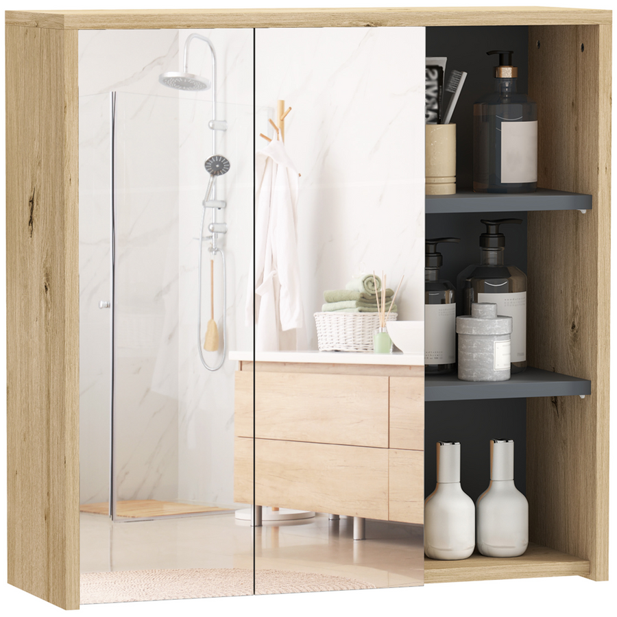 HOMCOM Bathroom Wall Mounted Mirror Cabinet with Shelves, Natural