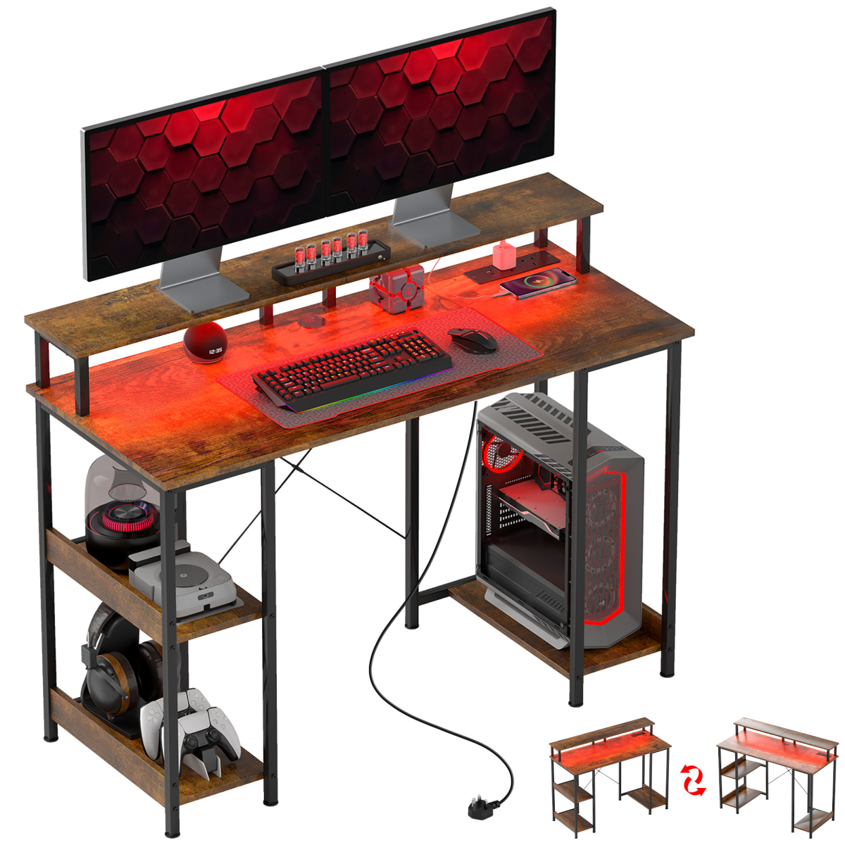 HOMCOM Computer Desk with Reversible Storage Shelf, Monitor Stand and Charging Station, Rustic Brown