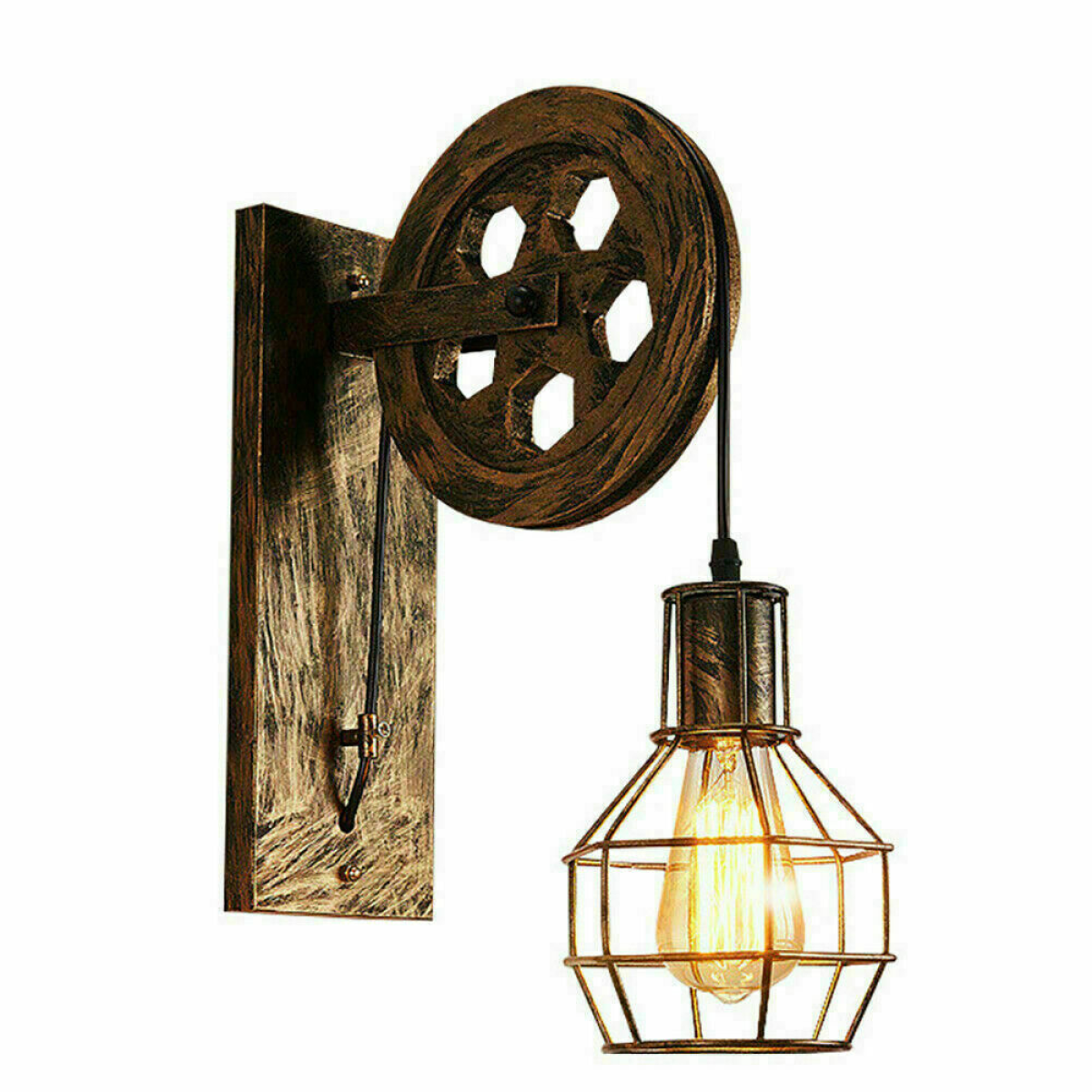 Brushed Copper Retro Industrial Pulley Wheel Cage Wall Light E27