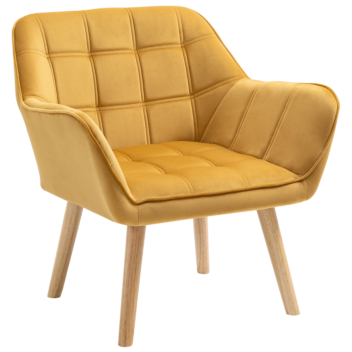 Luxe Velvet-Feel Accent Chair with Wide Arms, Slanted Back, Padding, Wood Legs, Yellow