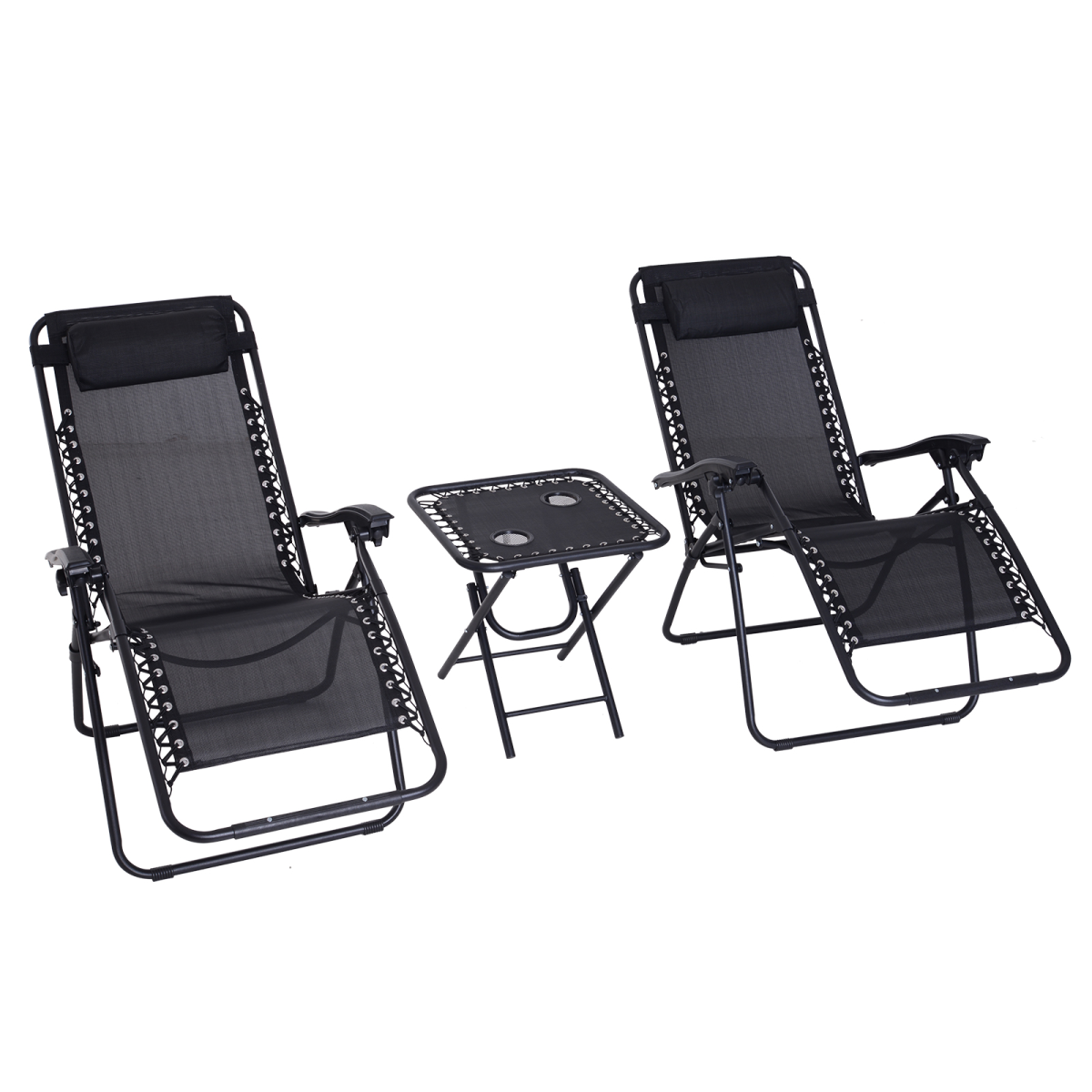 3PC Zero Gravity Chairs Sun Lounger Table Set with Cup Holders, Black