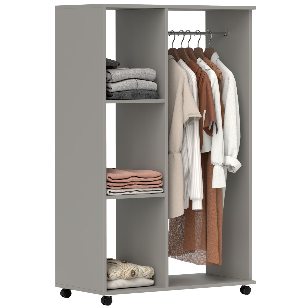 HOMCOM Rolling Open Wardrobe with Hanging Rail and Storage Shelves, Grey