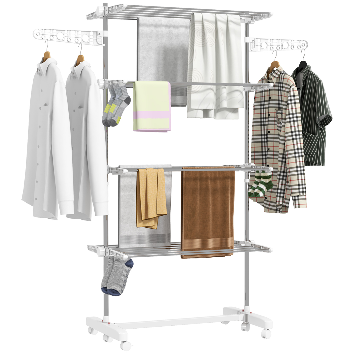 4 Layers Folding Cloth Hanger Stand Rail with Wheels - White/Silver